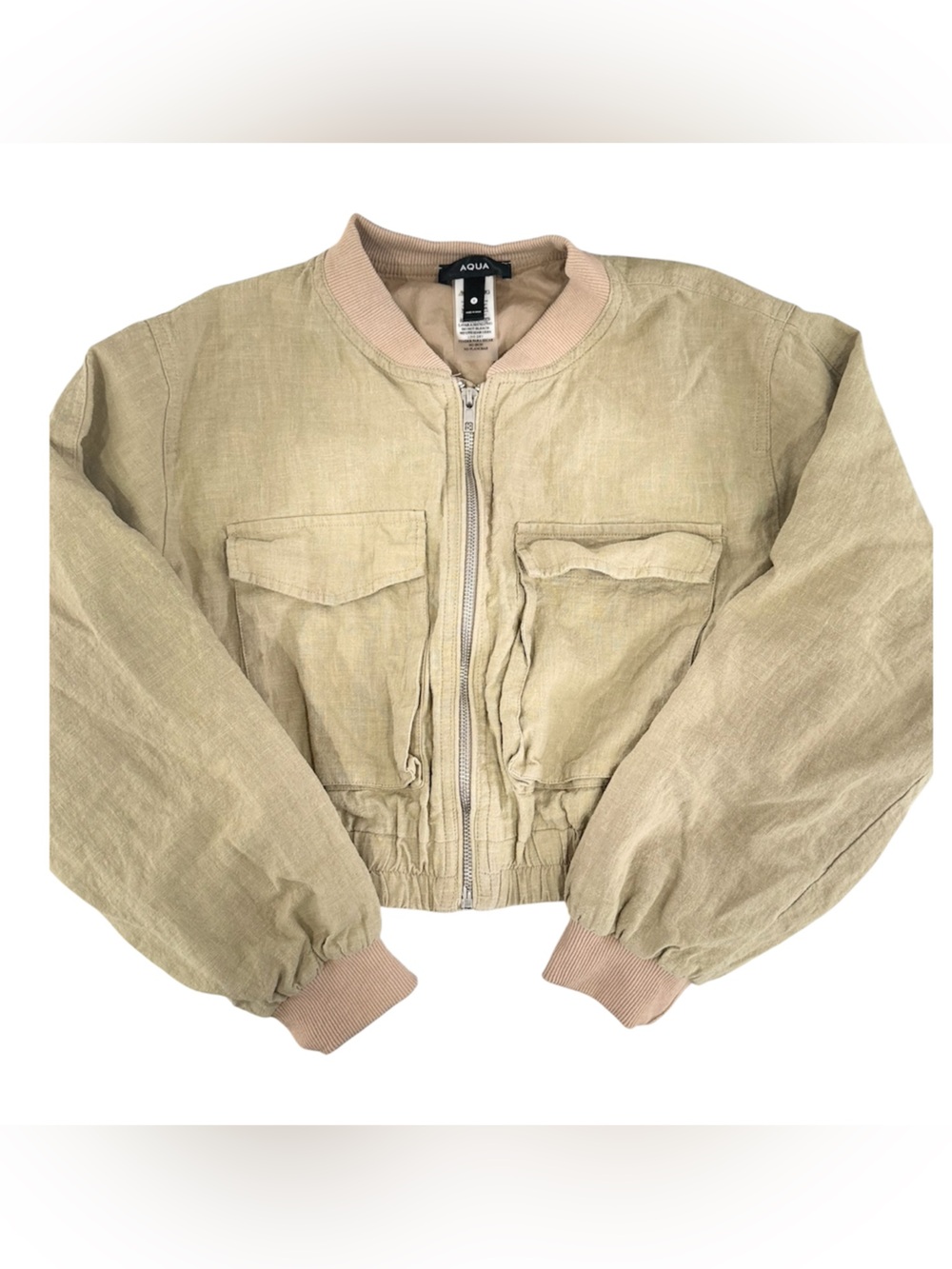 Aqua Beige Linen Bomber Jacket with Pink Rib Trim